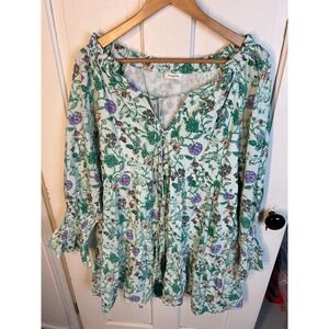 Pomegranate Mila Floral Green Purple Cotton Flounce Mini Dress Womens Small